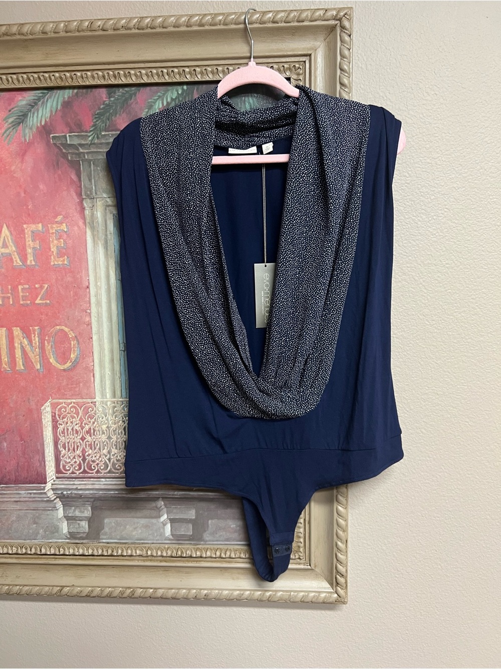 Eva Mendes New York & Company Navy Draped Cowl Neck Bodysuit with Speckled Trim